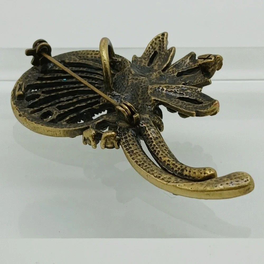 Vintage Green Rhinestone Brooch Pendant Bronze Tone‎ Floral Pin Unisex